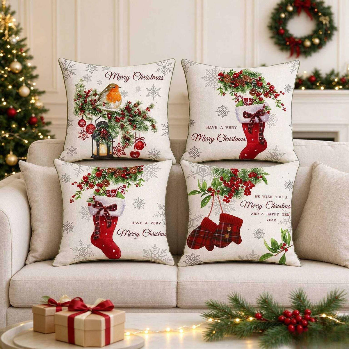KISSENBEZUG – Weihnachtskissenbezug (Kissenfüllung nicht enthalten) – 45 x 45 cm – Multicolor(vier Stück) - Multicolor, Textil (45/45cm)