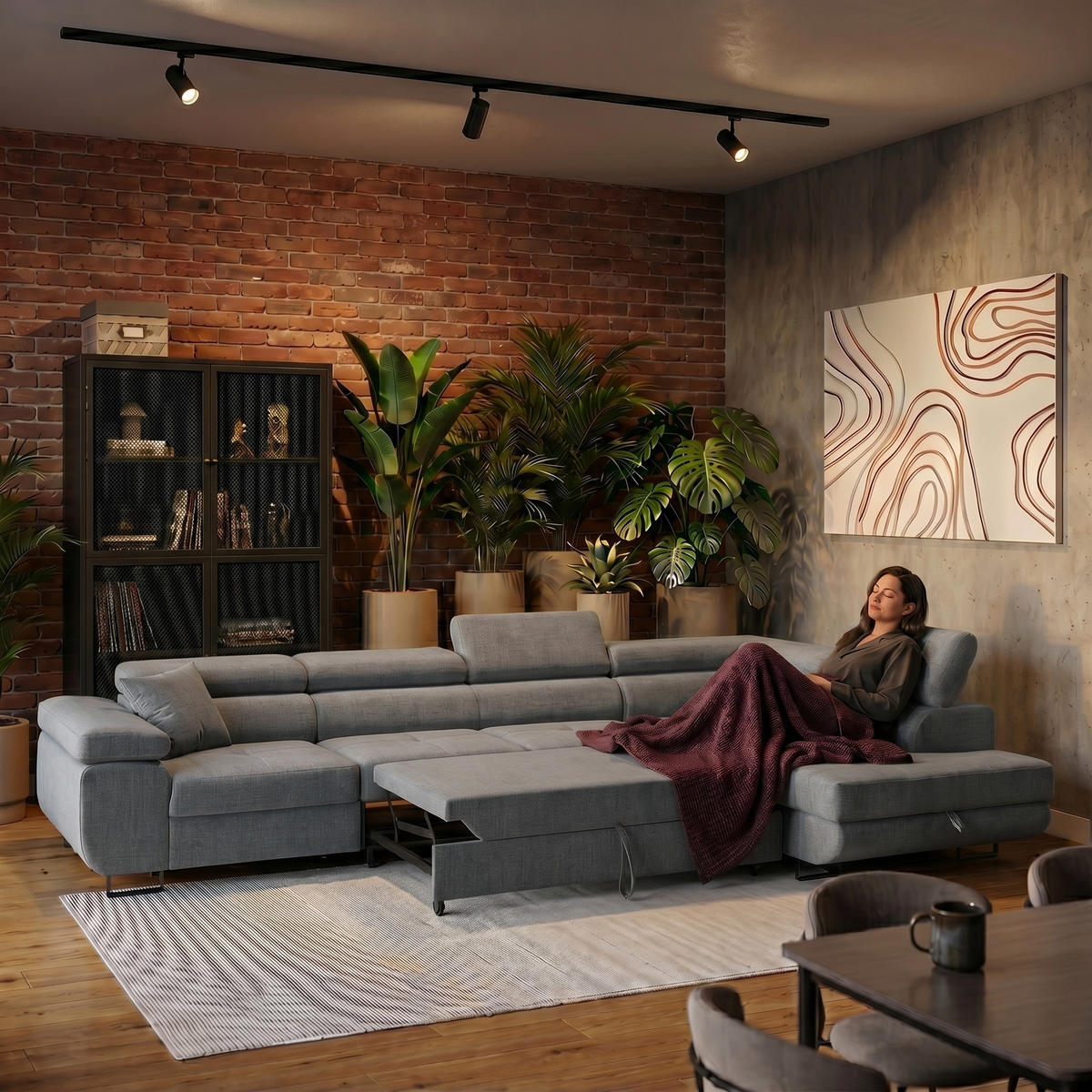 ECKSOFA WILD MAXI L Rechts mit Schlaffunktion 125x195 Velours Grau - Chromfarben/Grau, Holz/Textil (203/350cm) - Muffo