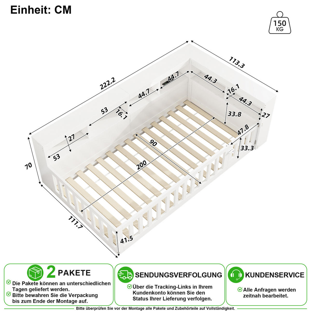 DENNÍ POSTEL 90/200 cm v bílé barvě s úložnými přihrádkami, USB a zásuvkami - bílá, kompozitní dřevo (90/200cm) - CHICFURN