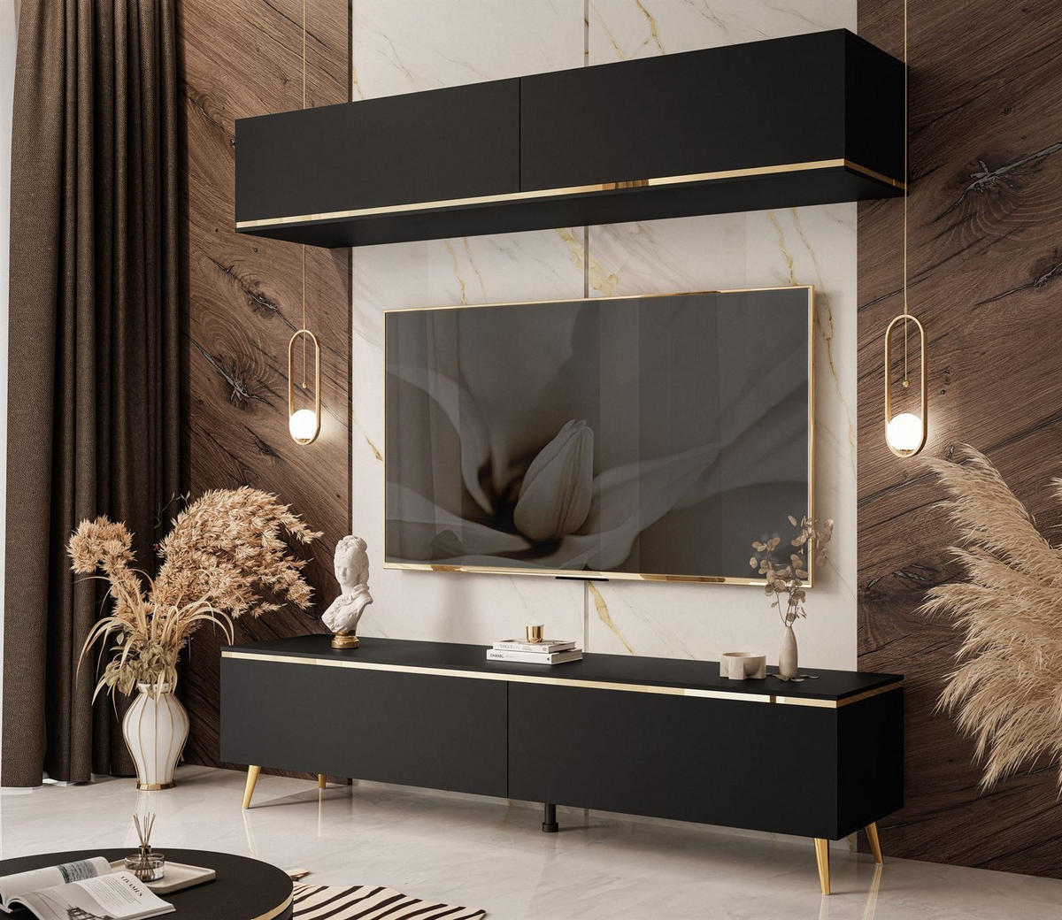 WOHNWAND AURORA in Schwarz Matt mit schräge Goldchrom Fuße - Goldfarben/Schwarz, Holzwerkstoff/Metall (180/45/40cm) - Lookway