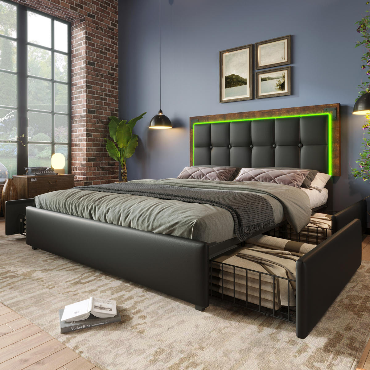 POLSTERBETT 160/200 cm mit LED-Beleuchtung, 4 Schubladen & höhenverstellbarem Kopfteil,Schwarz - Schwarz, Kunststoff (160/200cm) - Redom