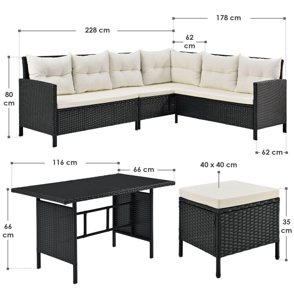 LOUNGEGARNITUR Manacor schwarz,creme - Creme/Schwarz, Kunststoff/Metall - Juskys