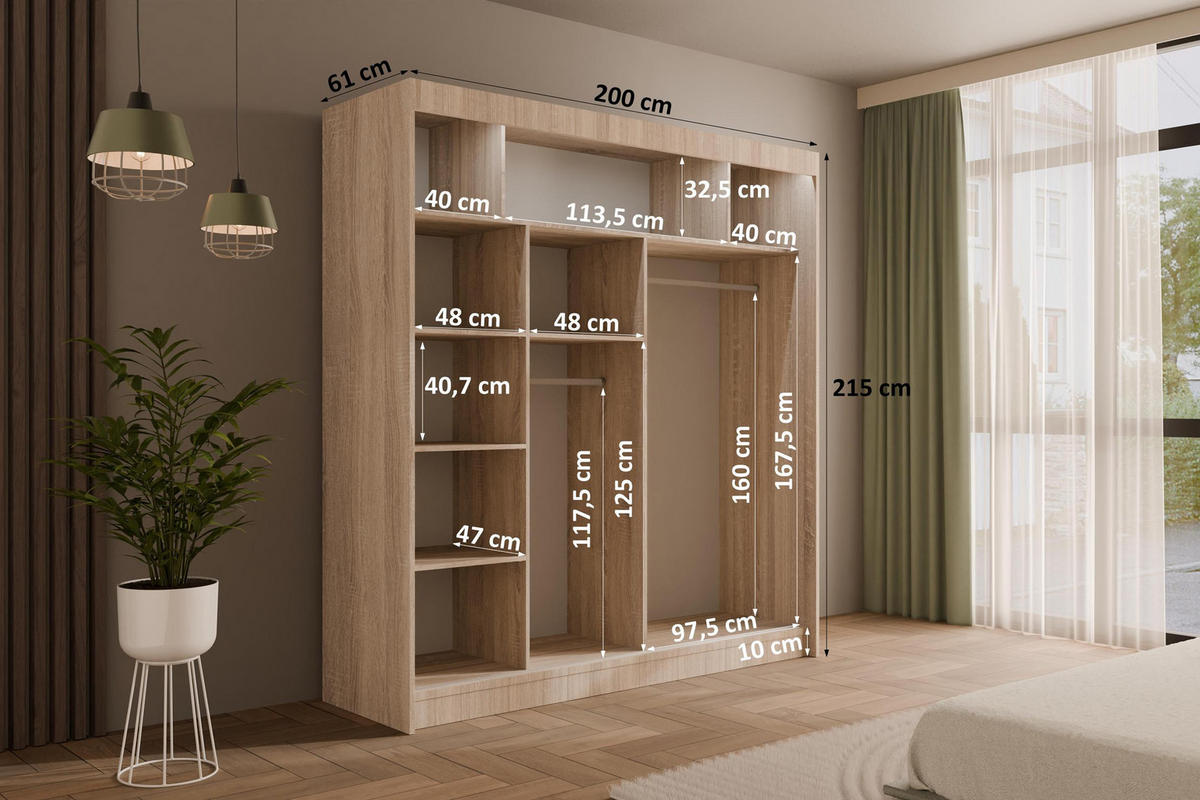 KLEIDERSCHRANK AMOHA mit LED - 200 cm - Sonoma Eiche - Sonoma Eiche, Holzwerkstoff (200/215/61cm) - ALTDECOR