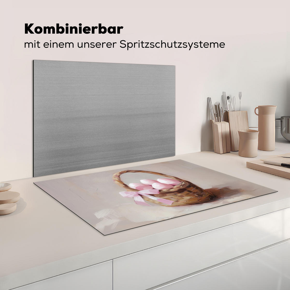 HERDABDECKPLATTE Korb - Eier - Rosa Ceranfeldabdeckung 80x52 cm - Beige, Kunststoff (80/52/0.2cm) - MuchoWow