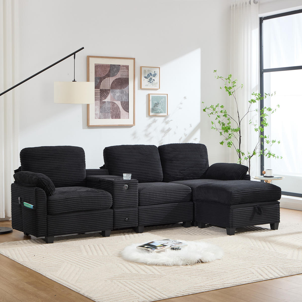 ECKSOFA L-Form mit verstellbarer Mittelkonsole und Stauraumhocker Cord schwarz 266/136/82 cm - Schwarz, Textil (266/136cm) - OKWISH
