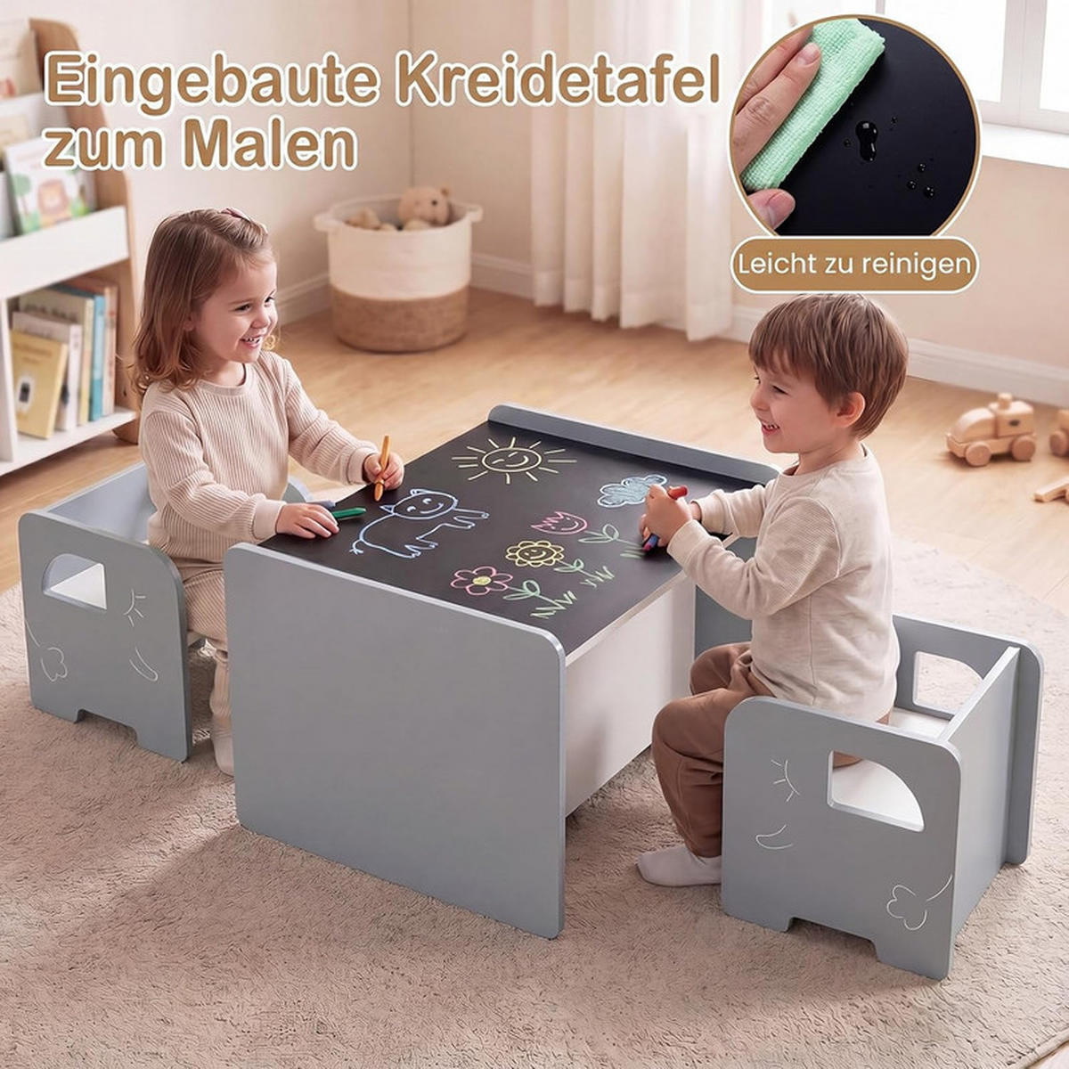 KINDERTISCH mit Stuhl grau(3-tlg) - Grau, Holzwerkstoff (62.5/40/48cm) - COSTWAY