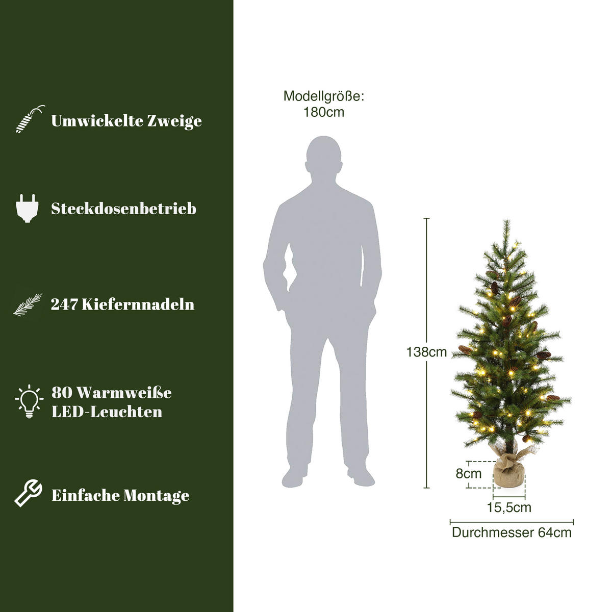 WEIHNACHTSBAUM 138 cm mit 80 LEDs, Kiefern-Optik, Grün - Grün, Kunststoff (138cm) - Hometopia