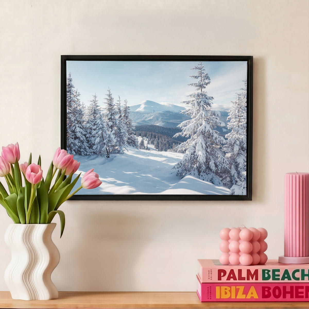 LEINWAND Bilder mit Rahmen - Winterlandschaft - Natur - Berge - Bäume - Schnee - 40x30 - Hellblau, Textil (40/30cm) - MuchoWow