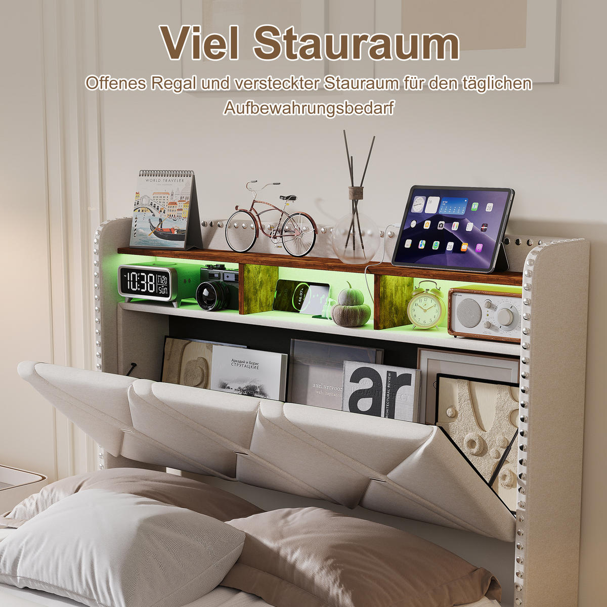 POLSTERBETT 90/200 cm Beige mit hydraulischem Stauraum, LED mit Ablage und USB - Beige, Metall (90/200cm) - EuroLiving