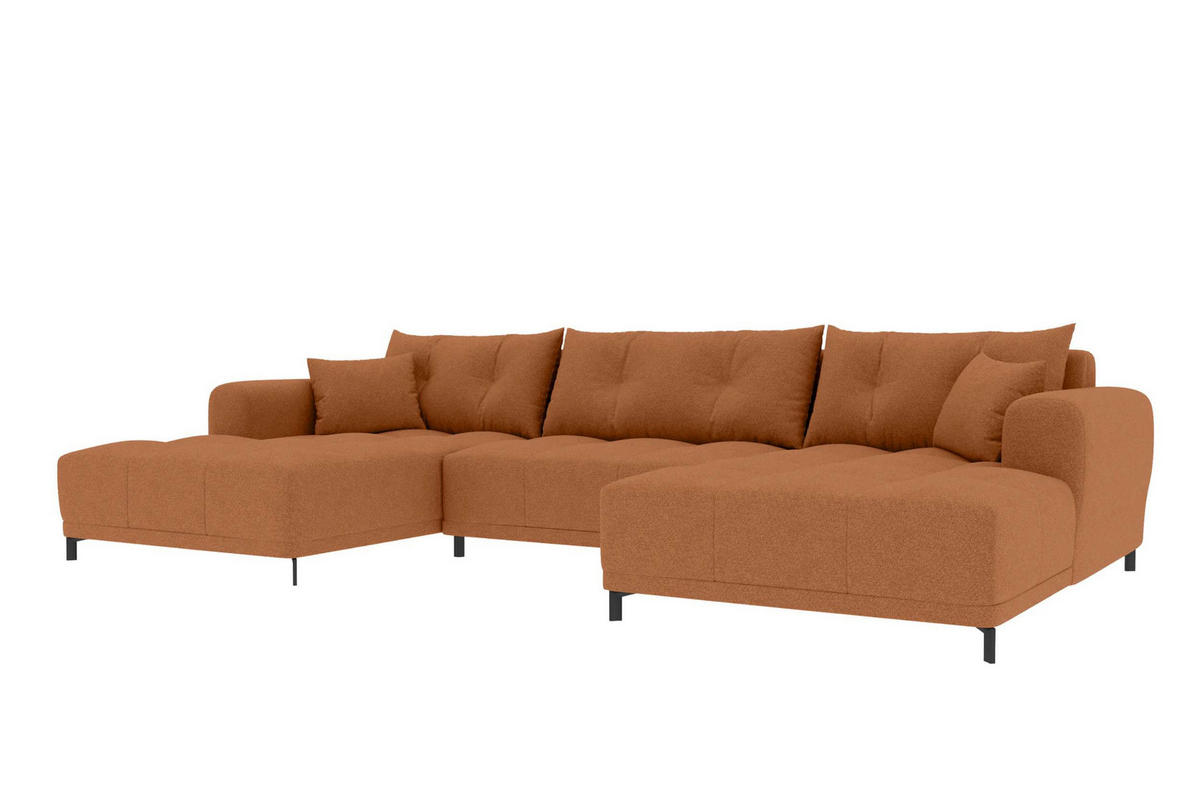 WOHNLANDSCHAFT Strukturstoff Rostfarben inkl. Schlaffunktion - Rostfarben/Schwarz, Textil/Metall (348/94/181cm) - 99rooms