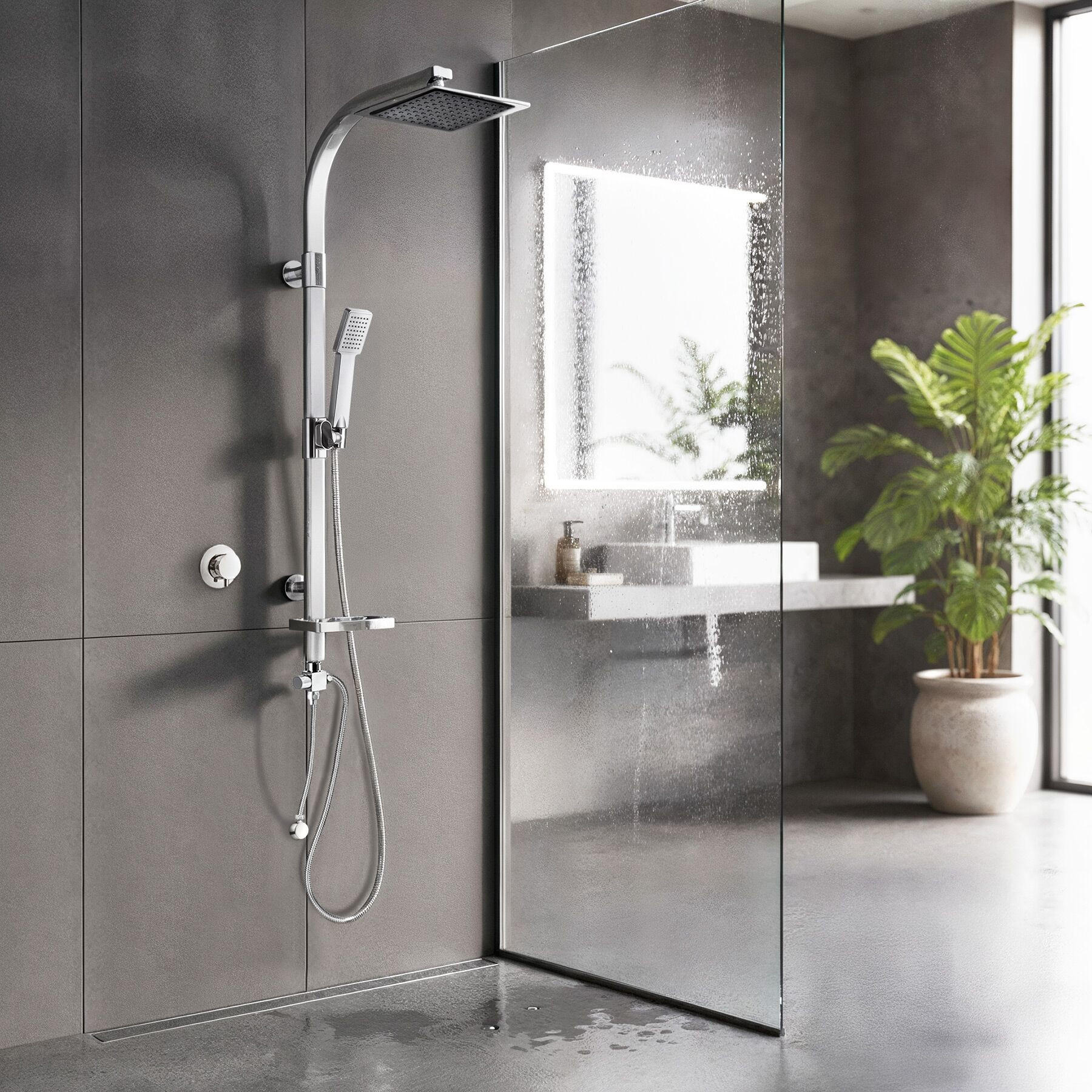 Thumbnail - tectake Überkopfbrauseset, Grau, Metall, 20x110x49 cm, Badezimmer, Baden & Duschen, Duscharmaturen