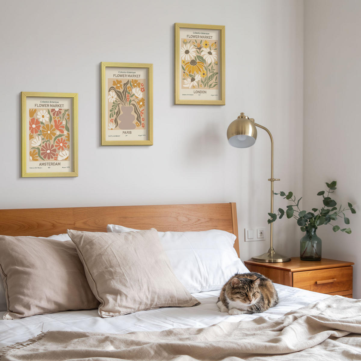 WANDBILDER 3er Set - 20x30 cm Goldrahmen - Blumenmuster Amsterdam Paris London - Goldfarben, Kunststoff (20/30cm) - ArtPrintCave