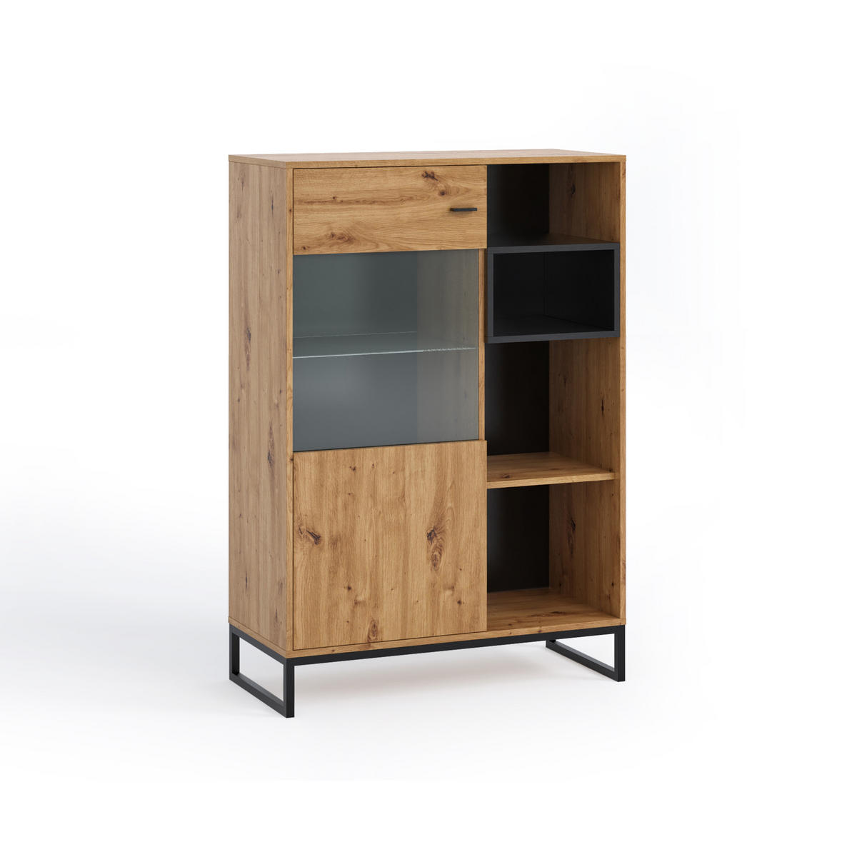 VITRINE OMAN mit 1 Tür, eiche Artisan+Schwarz - Schwarz/Eiche Artisan, Holzwerkstoff/Metall (90/130/40cm) - Beautysofa