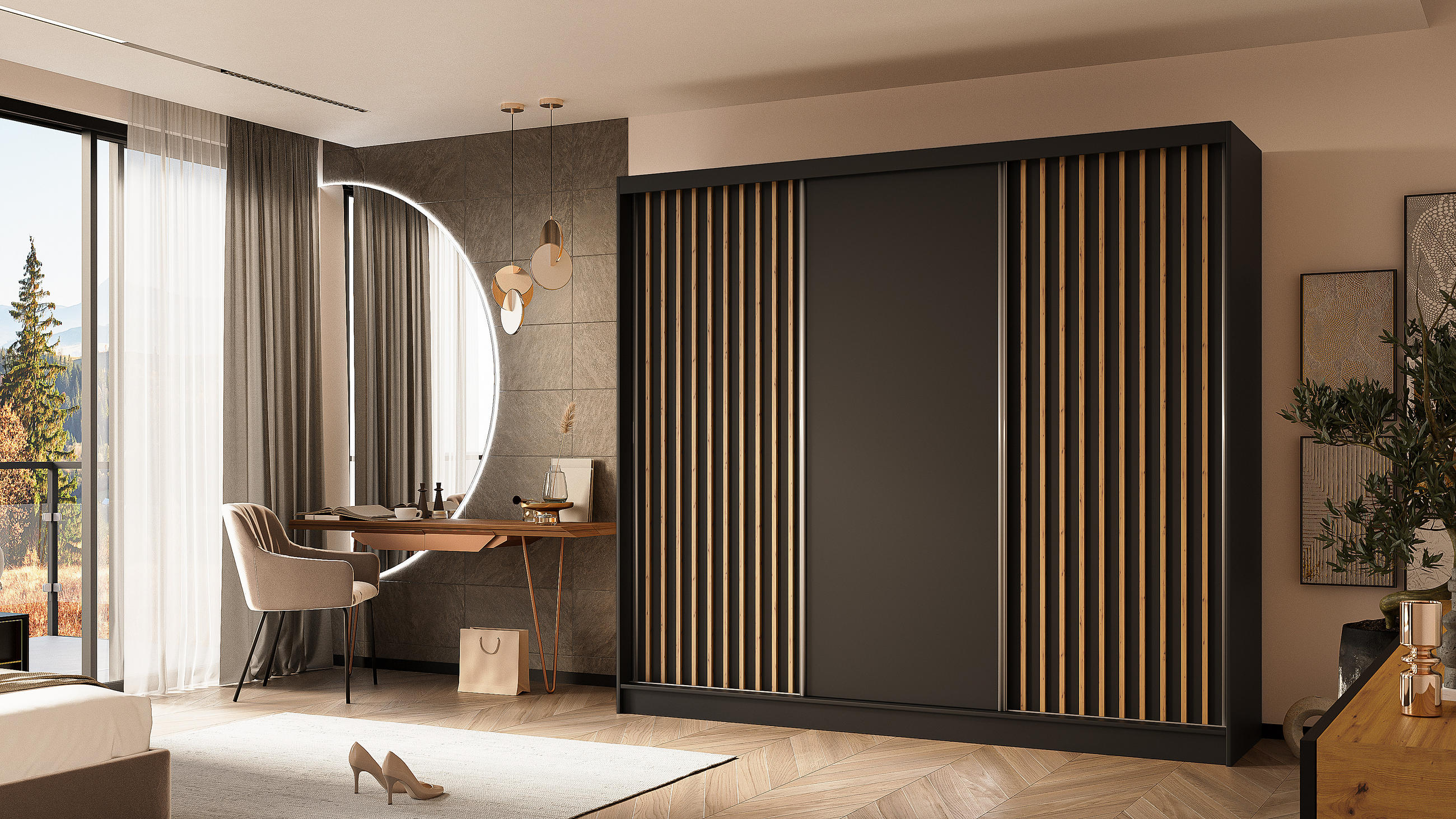 KLEIDERSCHRANK mit furnierten Schiebetüren und Aluminium-Leisten, LED-Beleuchtung - LABELO - 240 cm Schwarz+Schwarz+Artisan - Schwarz/Eiche Artisan, Holzwerkstoff (240/216/61cm) - ALTDECOR