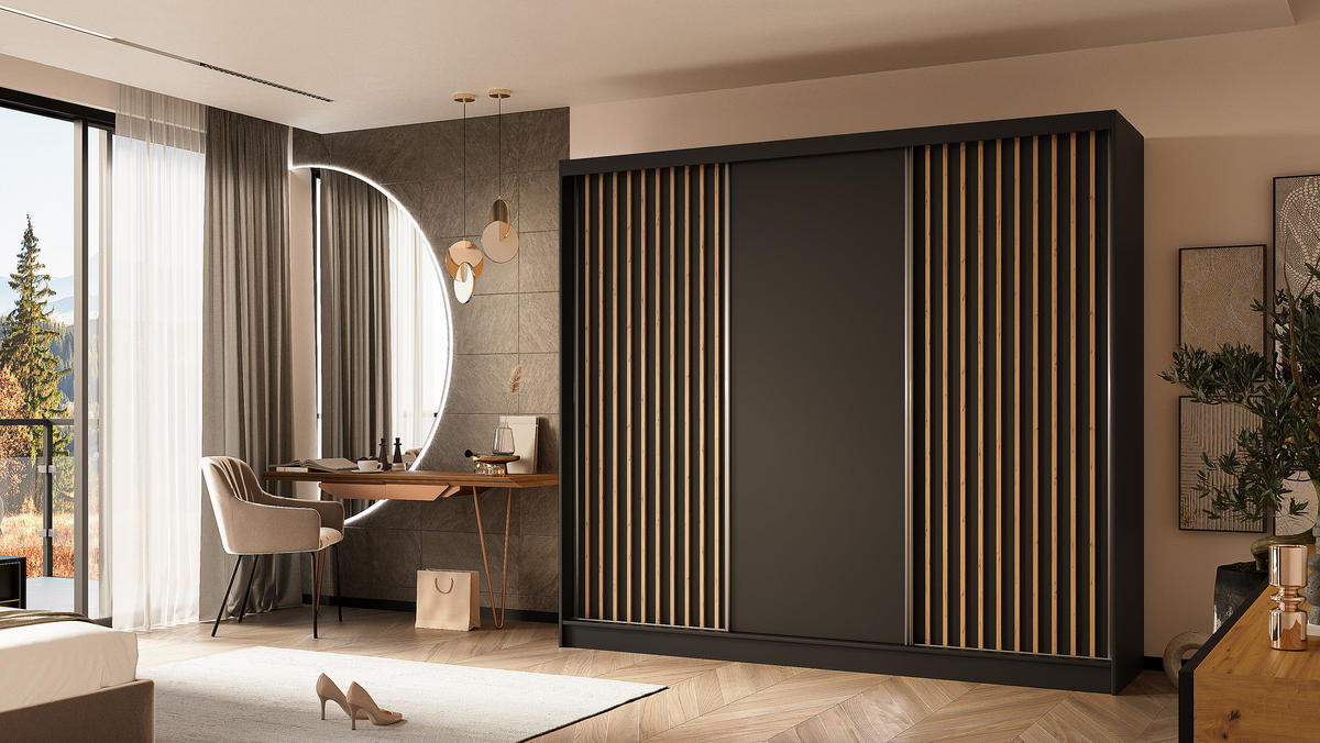 KLEIDERSCHRANK mit furnierten Schiebetüren und Aluminium-Leisten - LABELO - 240 cm Schwarz+Schwarz+Artisan - Schwarz/Eiche Artisan, Holzwerkstoff (240/216/61cm) - ALTDECOR