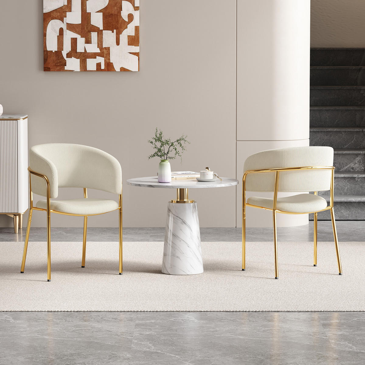 ESSZIMMERSTUHL 2 Stück 55×55×80 cm aus Metall & Holz mit Cord-Bezug, beige - Beige, Metall (55/80/55cm) - Luhomfu