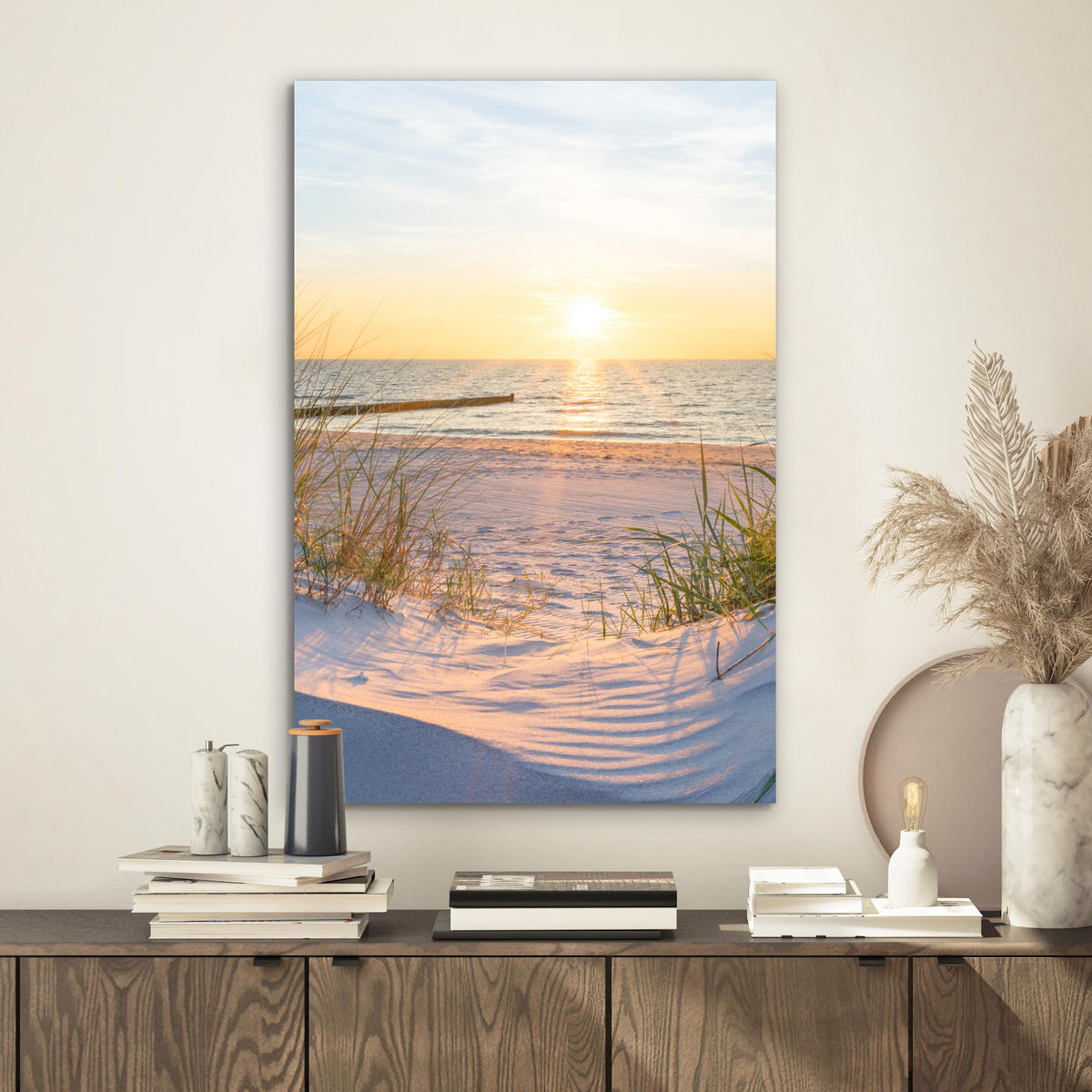 METALLBILD Strand - Sonne - Düne - Gras - Sand - Horizont 40x60 cm - Hellblau, Metall (40/60cm) - MuchoWow