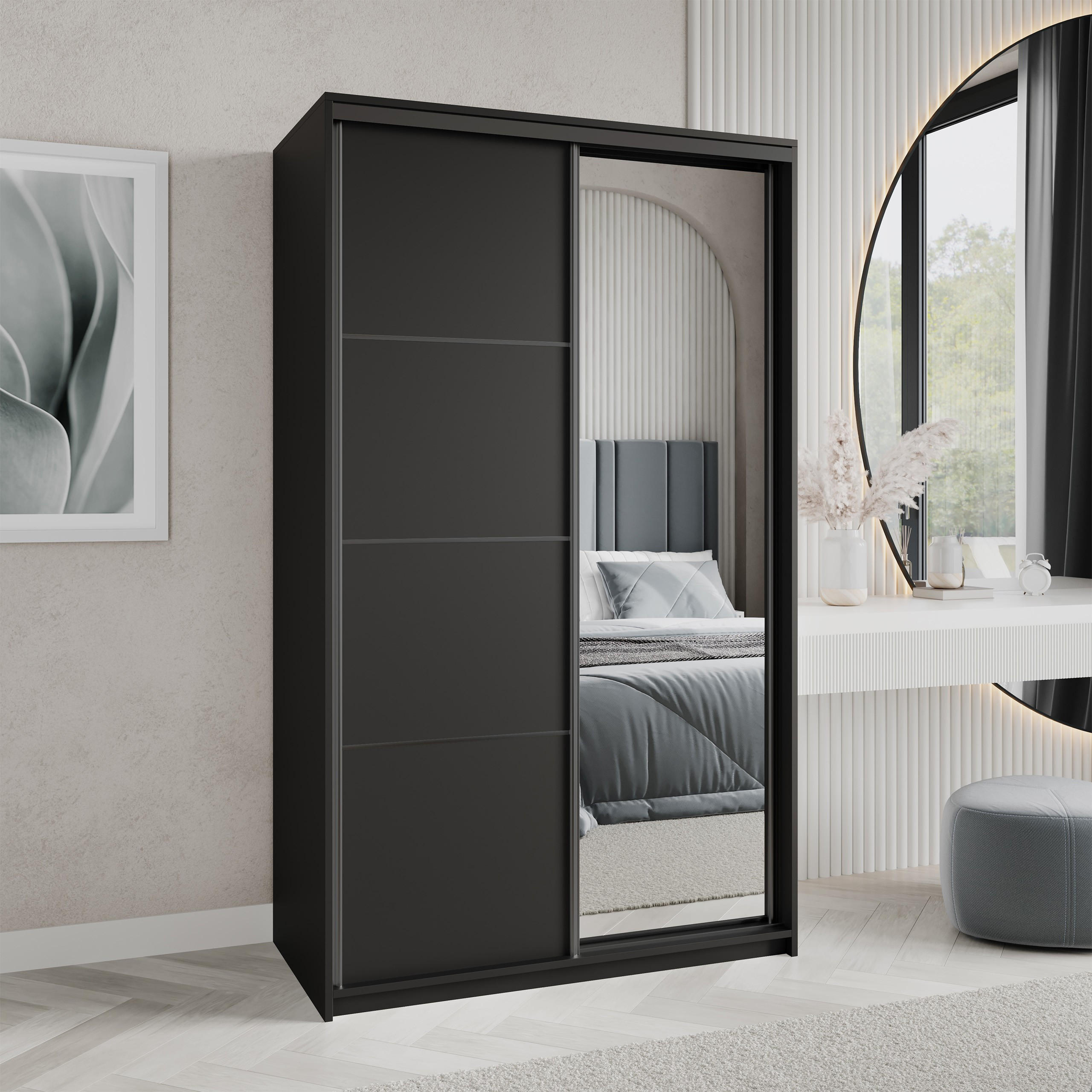 SCHWEBETÜRENSCHRANK VARO 120/205/60 cm 2-türig mit Spiegel Schwarz - Schwarz, Holzwerkstoff (120/205/60cm) - MASSENO