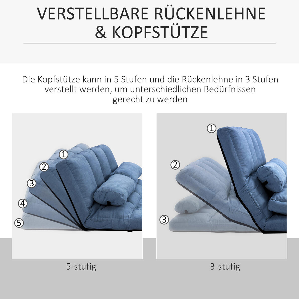 BODENSTUHL 2-in-1 Bodensessel Bett mit Rückenlehne 3 Positionen Verstellbar - Blau, Textil/Metall (73/60/102cm) - HOMCOM
