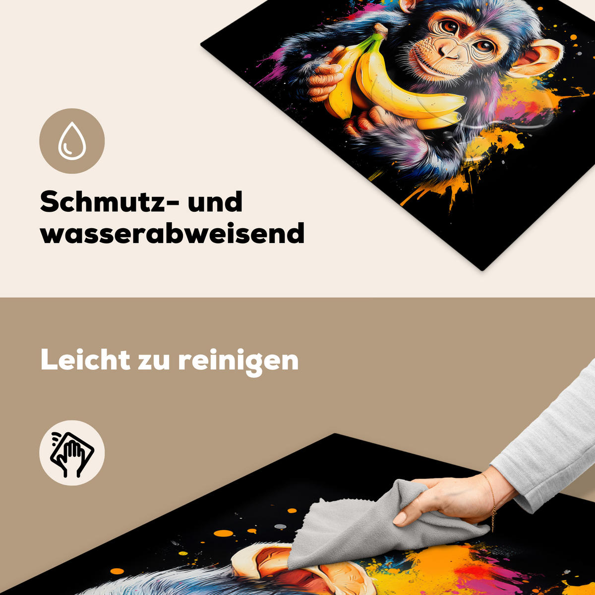 HERDABDECKPLATTE Affe - Graffiti - Farbenfroh - Bananen - Modern Herdabdeckung Induktionsfeld 70x52 cm - Gelb, Kunststoff (70/52/0.2cm) - MuchoWow