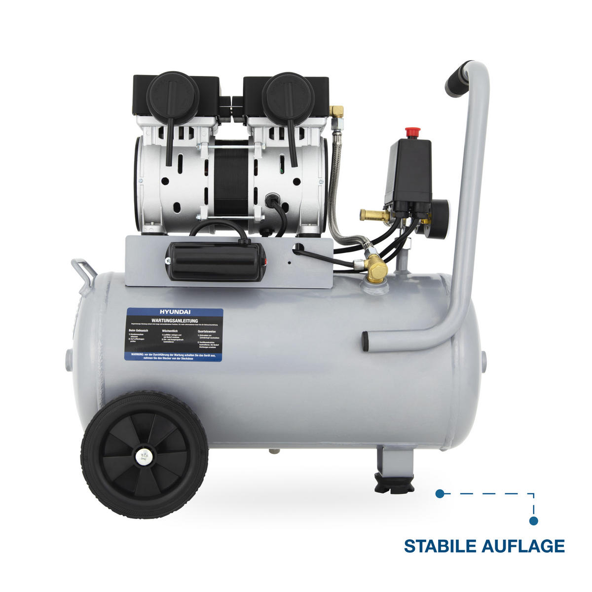 SILENT Kompressor SAC15024 (Druckluftkompressor leise, ölfrei, Flüsterkompressor, 67dB, 24L Kessel, 9bar, 1.5kW, 202L/Min) - Silberfarben, Metall (55/33/56cm) - Hyundai