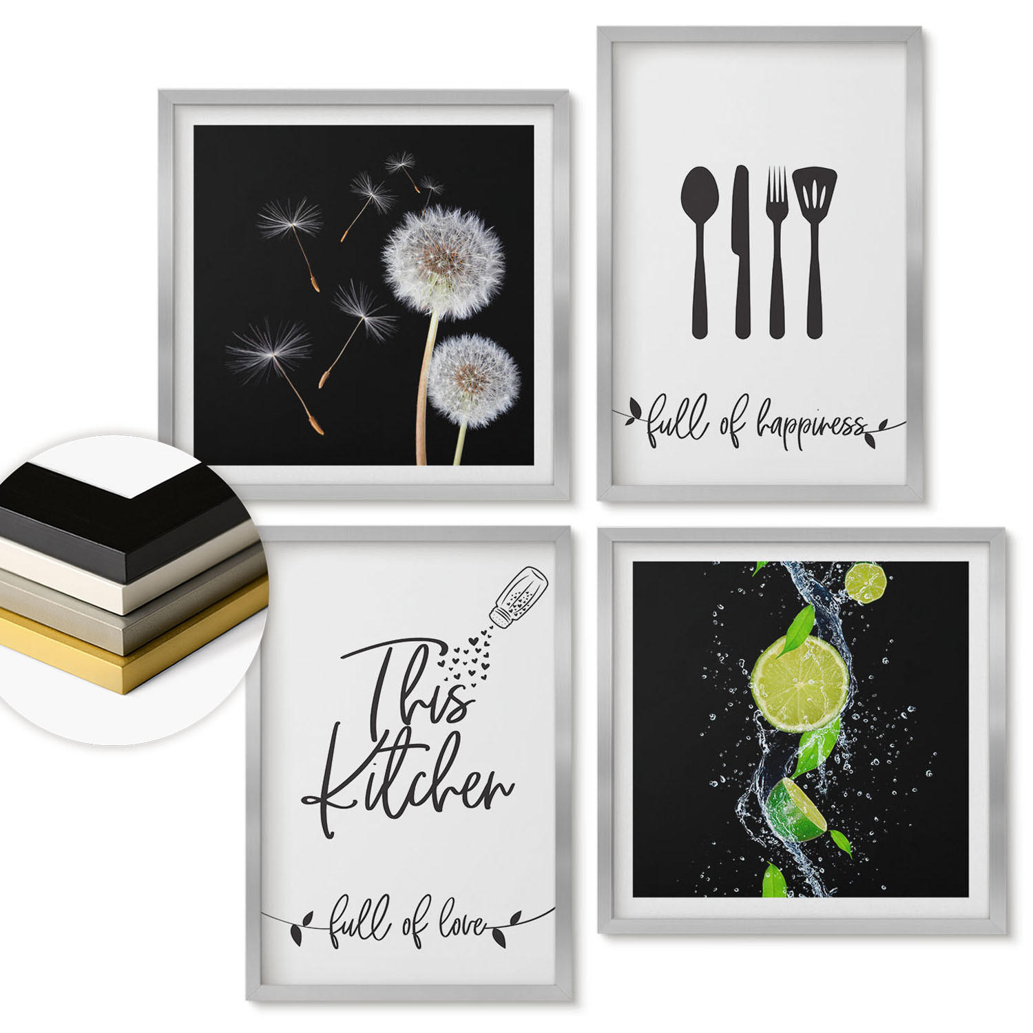 WANDBILDER 4er Set - 50x50 cm & 40x60 cm Silberner Rahmen - Löwenzahn-Kalk-Kücheninschriften - Silberfarben, Kunststoff (50/50cm) - ArtPrintCave