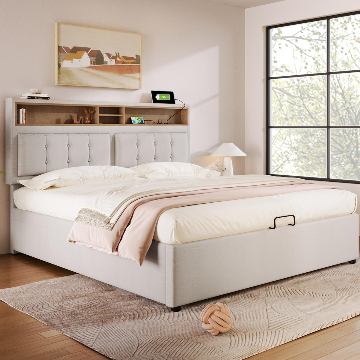 POLSTERBETT 140/200 cm Beige mit USB-Anschluss und verstellbarem Kopfteil - Beige, Textil (140/200cm) - OKWISH