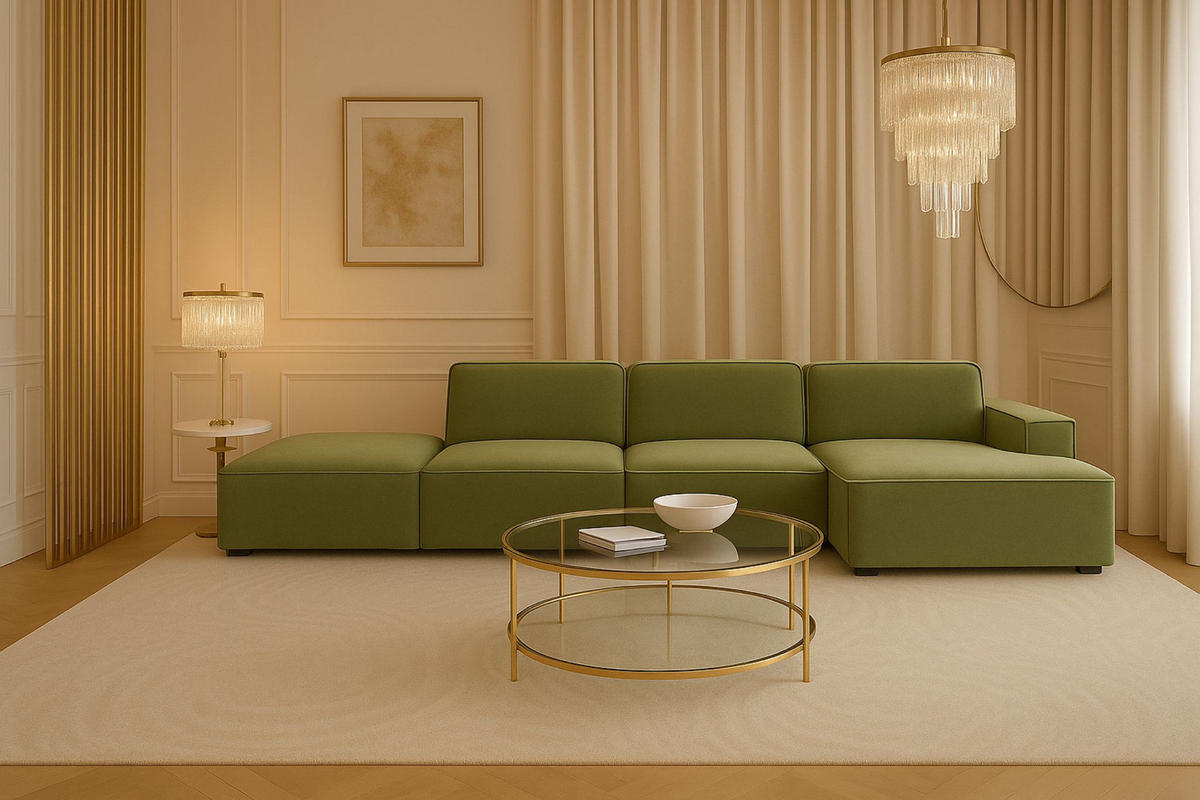 ECKSOFA Cursal L-Form, Stoff Salvador, Olive + Hocker, Rechts - Olivgrün, Holz (341/166cm) - Kaiser Möbel