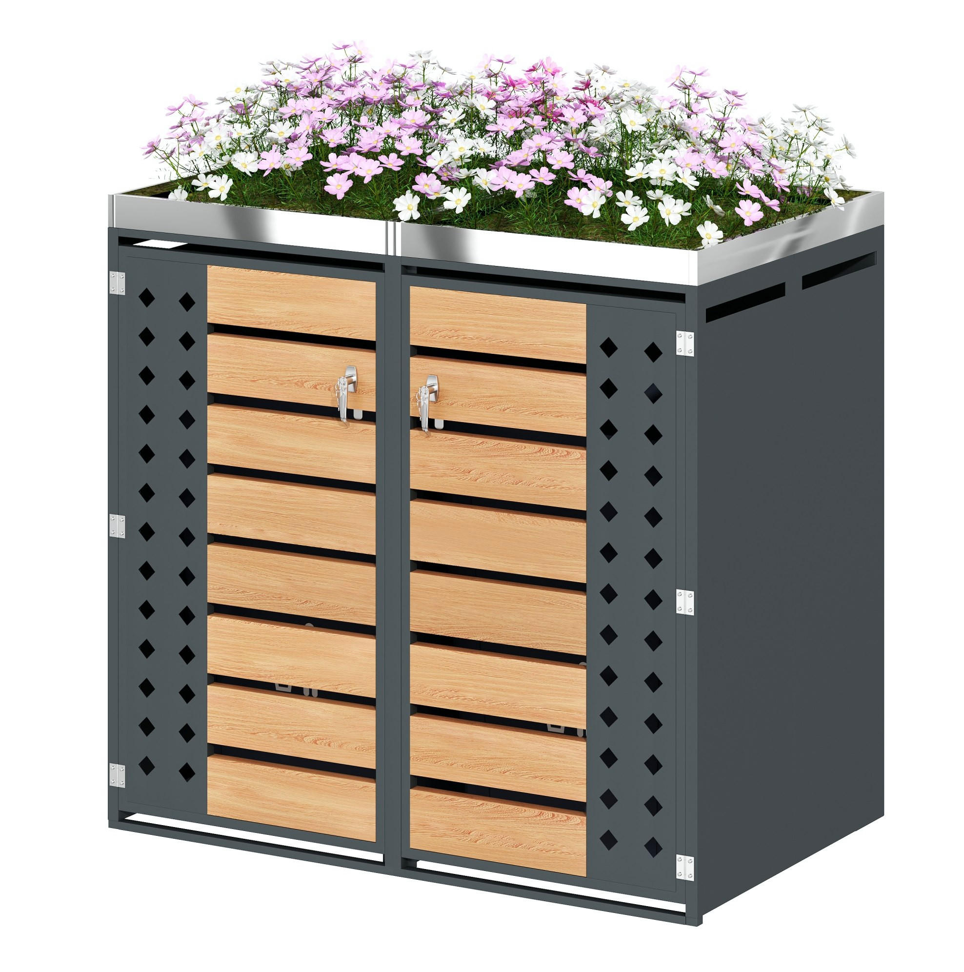 Modfu BOX na odpadkové koše z oceli 132x80x124 cm šedá s dekorem dřeva, uzamykatelná