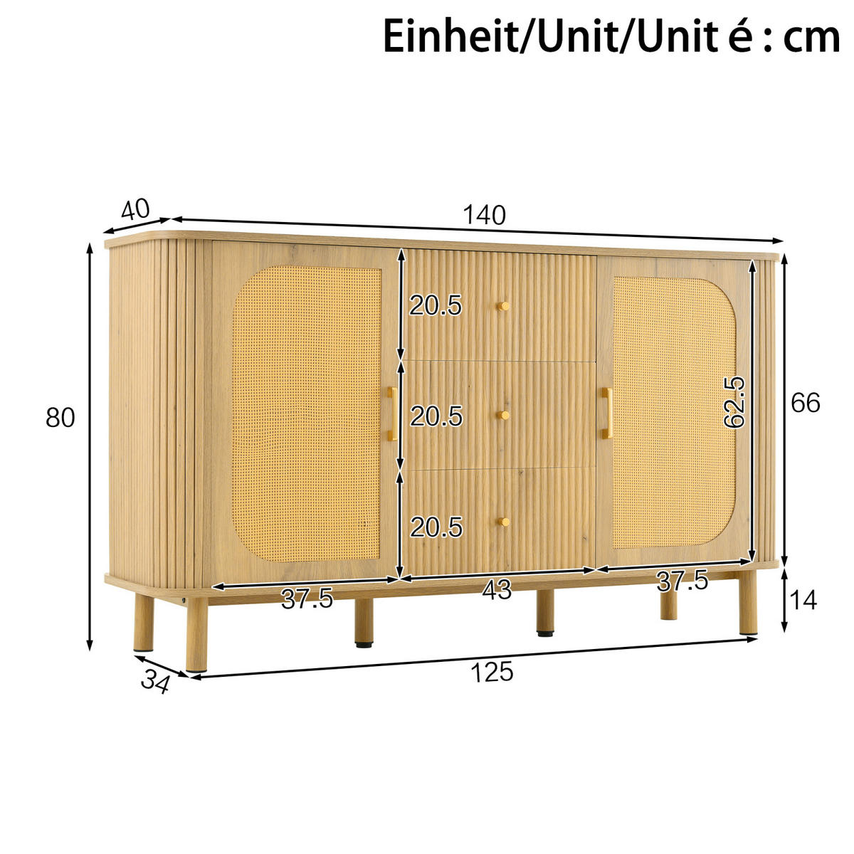 SIDEBOARD 140x40x80 cm, Rattanoptik, Schubladen, gebogen - Kastanienfarben, Holz (140/80/40cm)