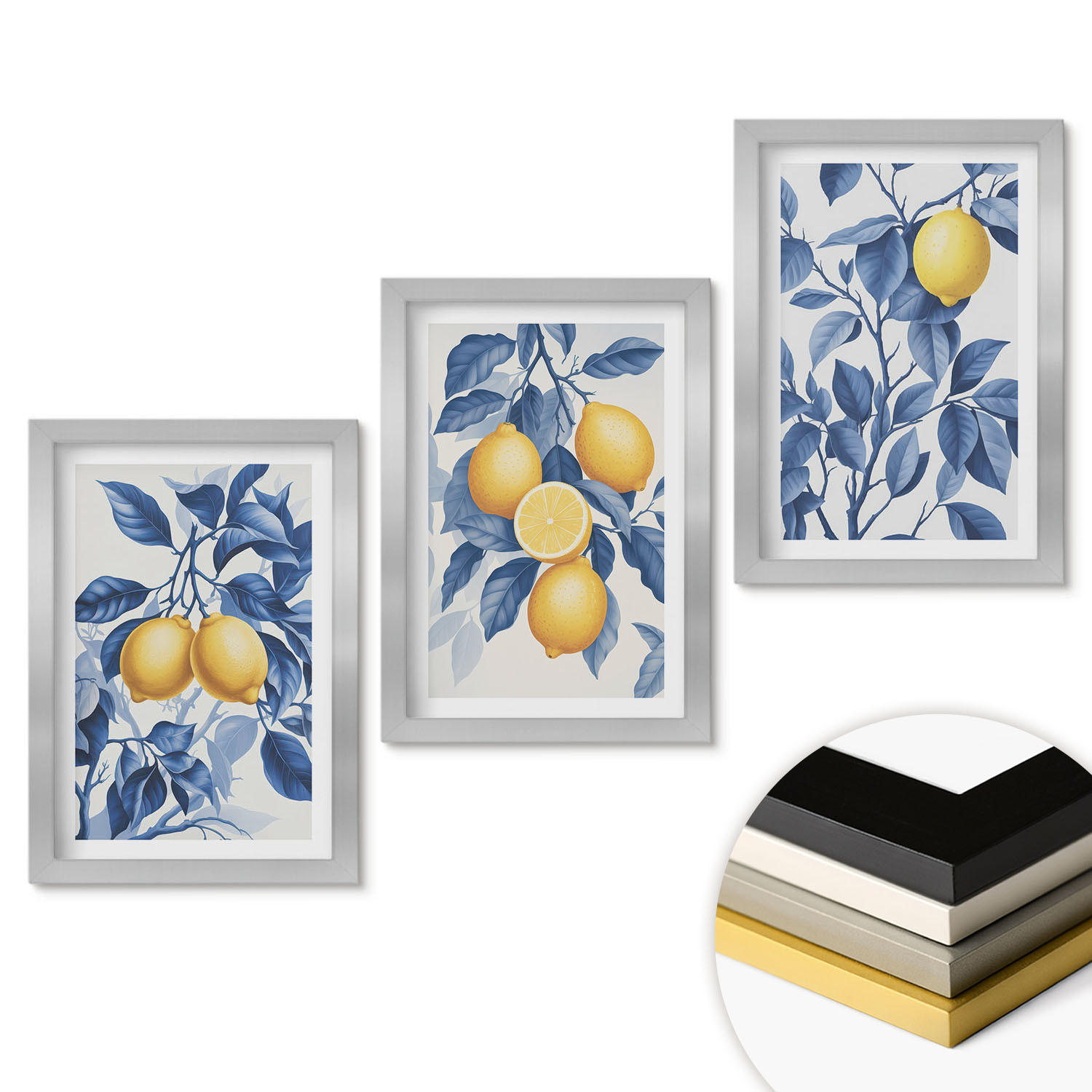 WANDBILDER 3er Set - 20x30 cm Silberner Rahmen - Zitronenzweige mit blauen Blättern - Silberfarben, Kunststoff (20/30cm) - ArtPrintCave