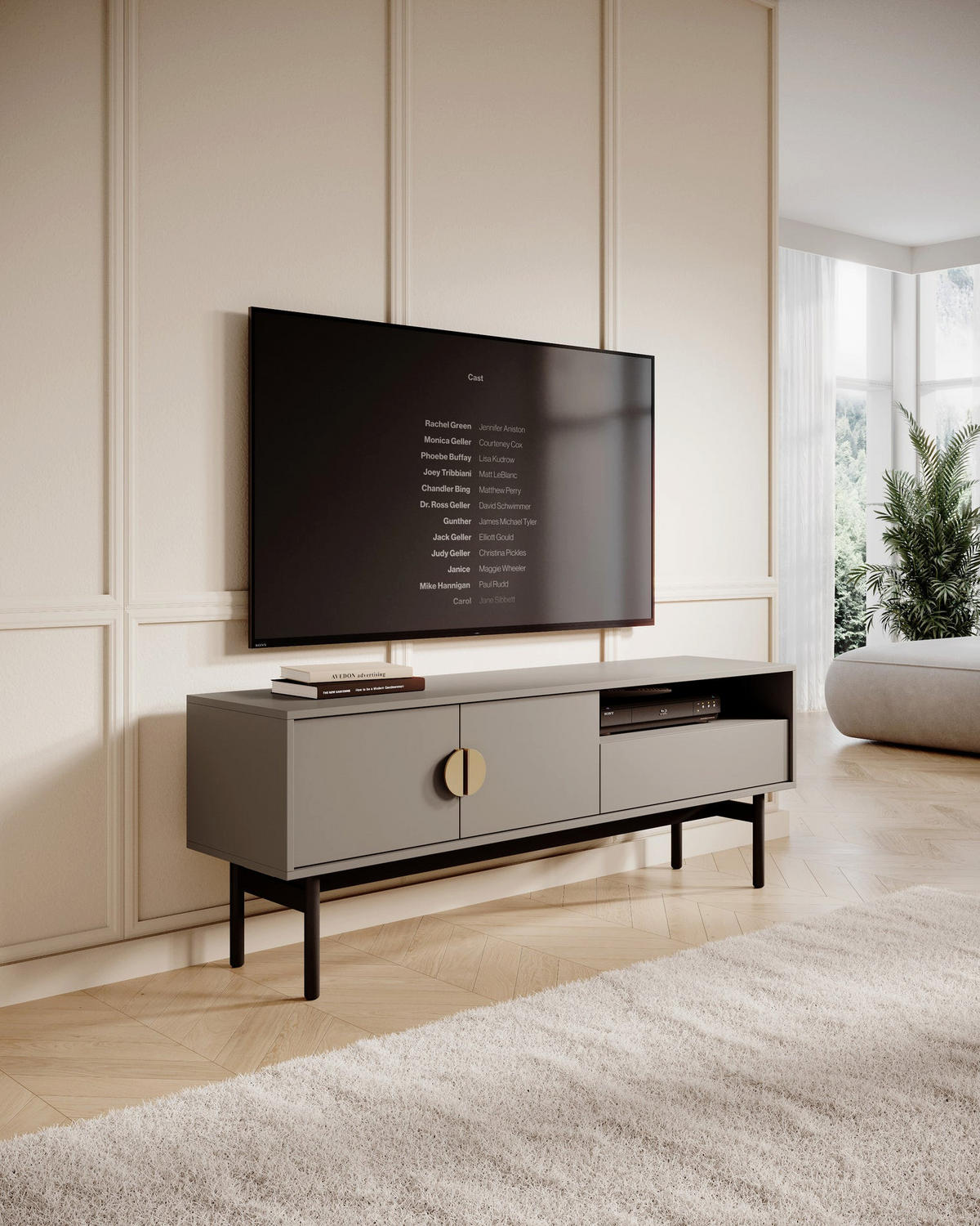 TV-STOLEK Stoon II Kamenná šedá 154 cm - šedá/černá, kov/kompozitní dřevo (154/57/38cm) - Selsey