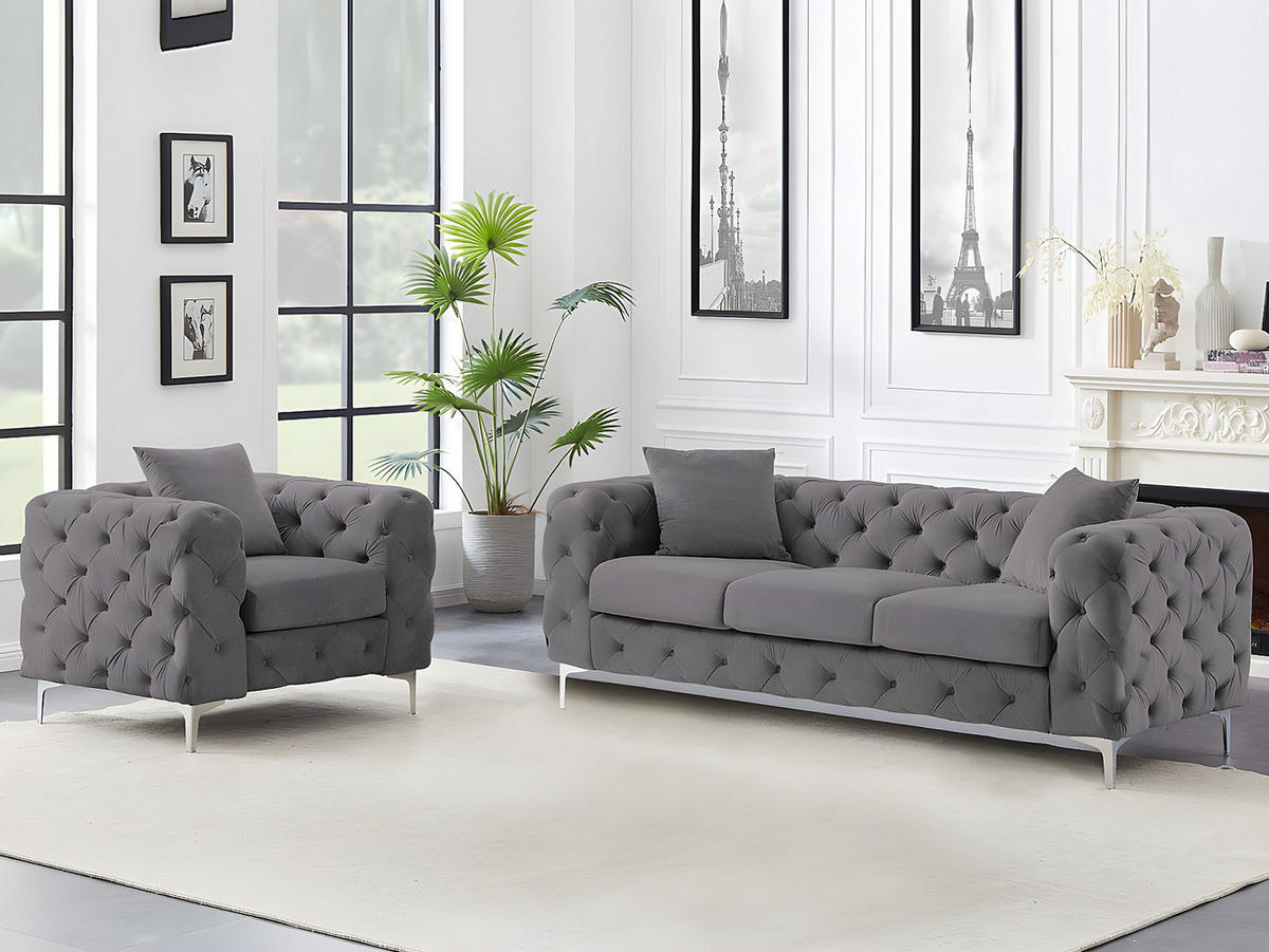 3-SITZER-SOFA & Sessel - Anthrazit - Samt - EDWINA - Anthrazit, Textil (91/76/220cm) - Vente-Unique