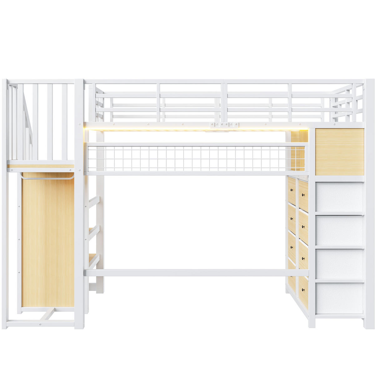HOCHBETT MDF Metall 90x200 cm Weiß mit Stauraumtreppe, LED und 8 Schubladen - Weiß, Holzwerkstoff (90/200cm) - Modfu