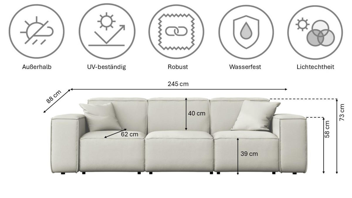 GARTENSOFA MALIBU 3 Sitzer Stoff Odyssey Creme - Creme, Holz (245/73/88cm) - Kaiser Möbel