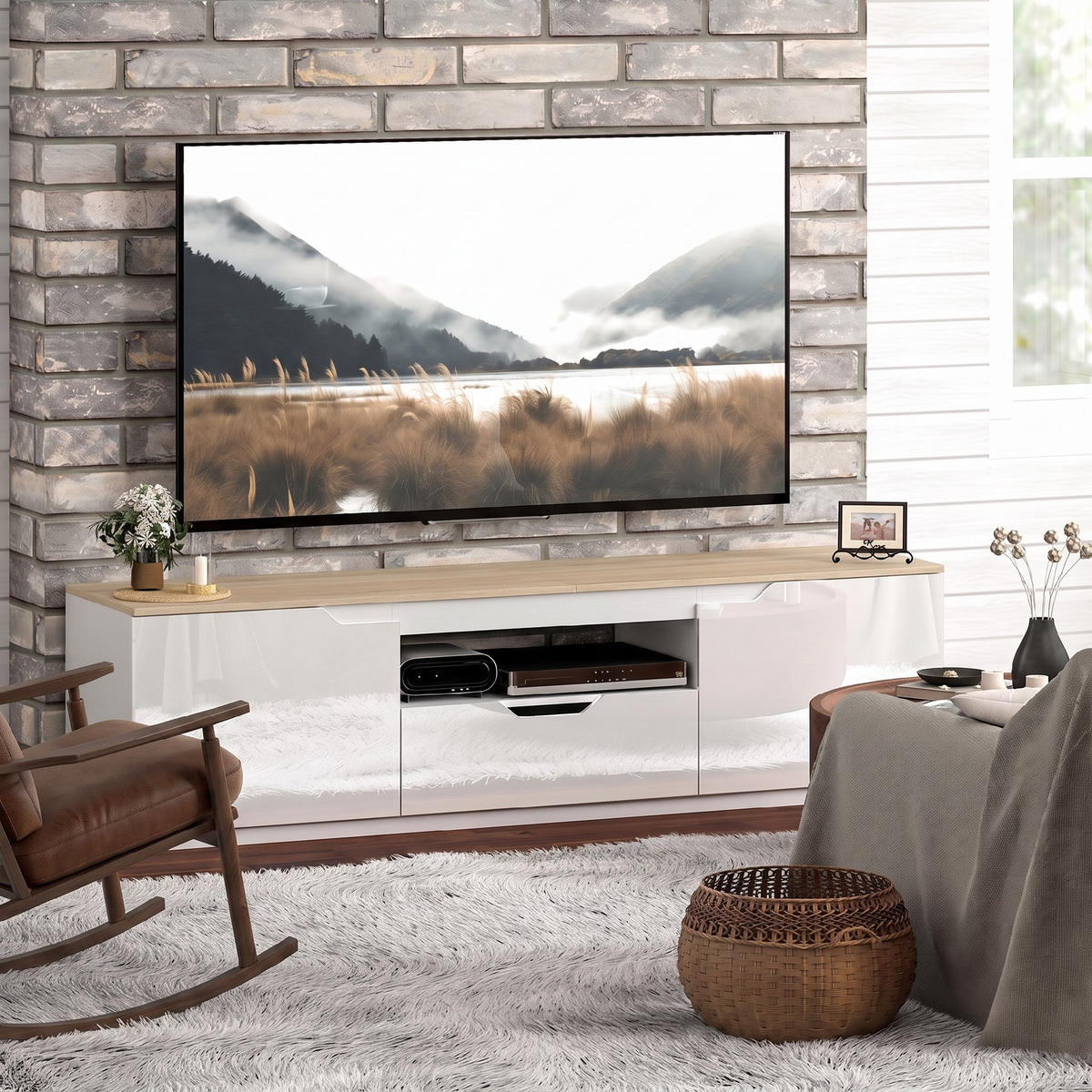 HÖGLANST TV-bänk för tv-apparater till 65 tum, 3 fack, låda, naturträ - Naturfärgad, Träbaserade material (38/43/160cm) - HOMCOM