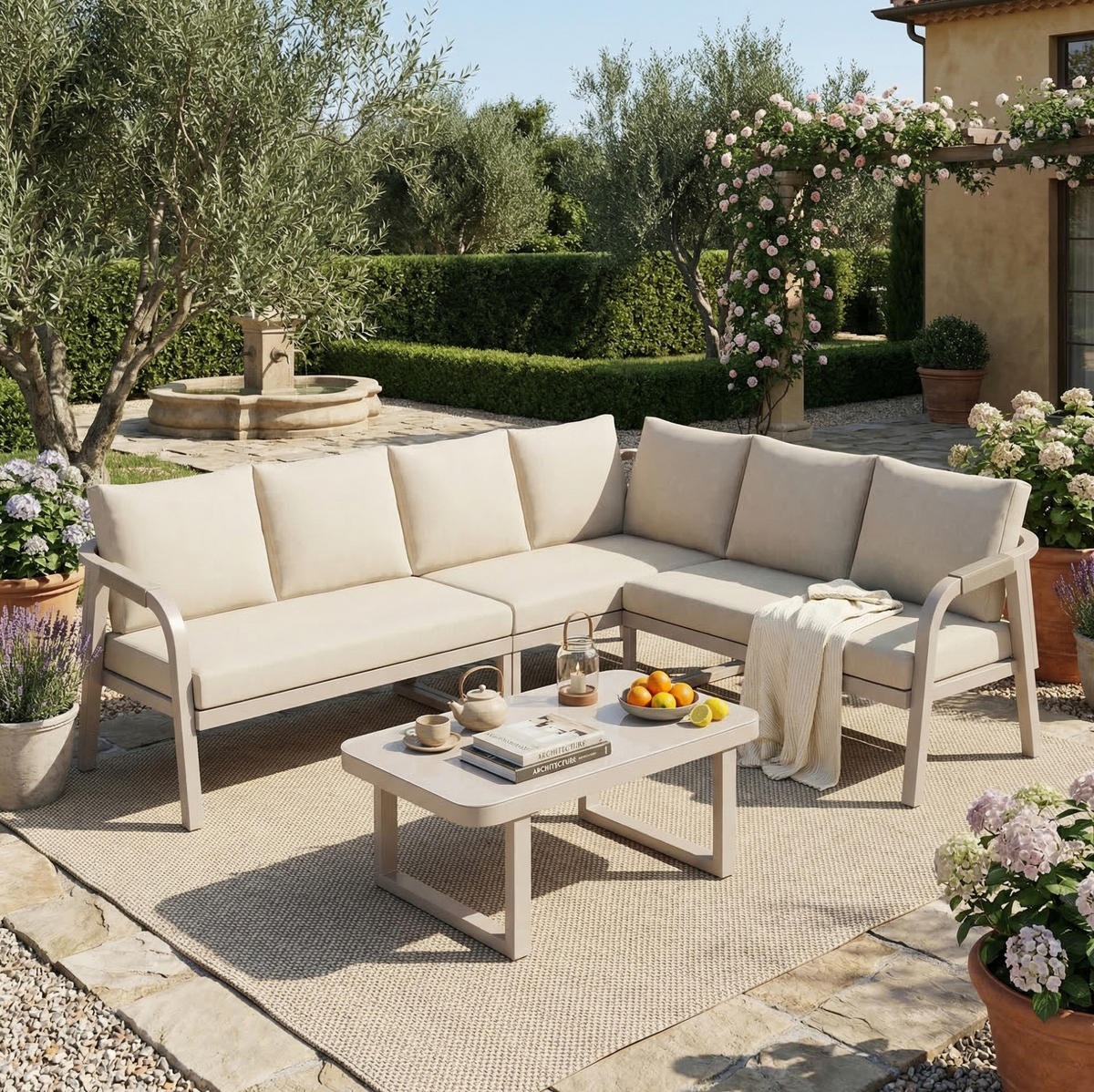 GARTENMÖBEL-SET mit Ecksofa, Couchtisch, Seilgeflecht und Glasplatte, Beige - Beige, Metall - Redom