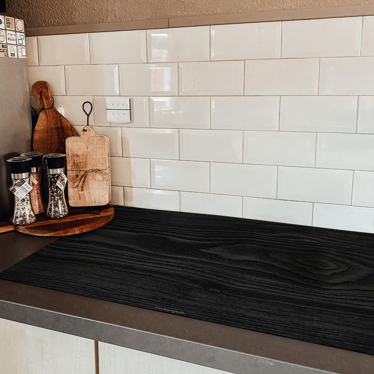 HERDABDECKPLATTE Schwarz - Holzoptik Induktionsschutz 91.6x52.7 cm - Schwarz, Kunststoff (91.6/52.7/0.2cm) - MuchoWow