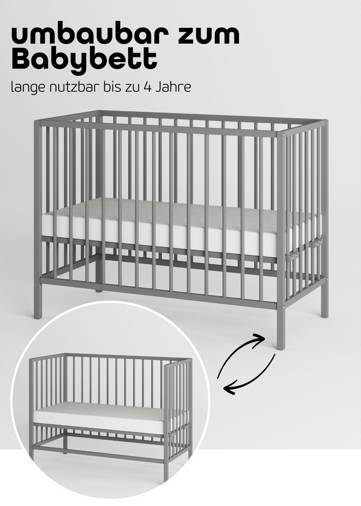 BEISTELLBETT Matratze SleepPlus, Rollen & Umbauseite - grau - Dreamy 4 in 1 Bett - Grau, Holz (120/90/60cm) - Sämann – make a difference.