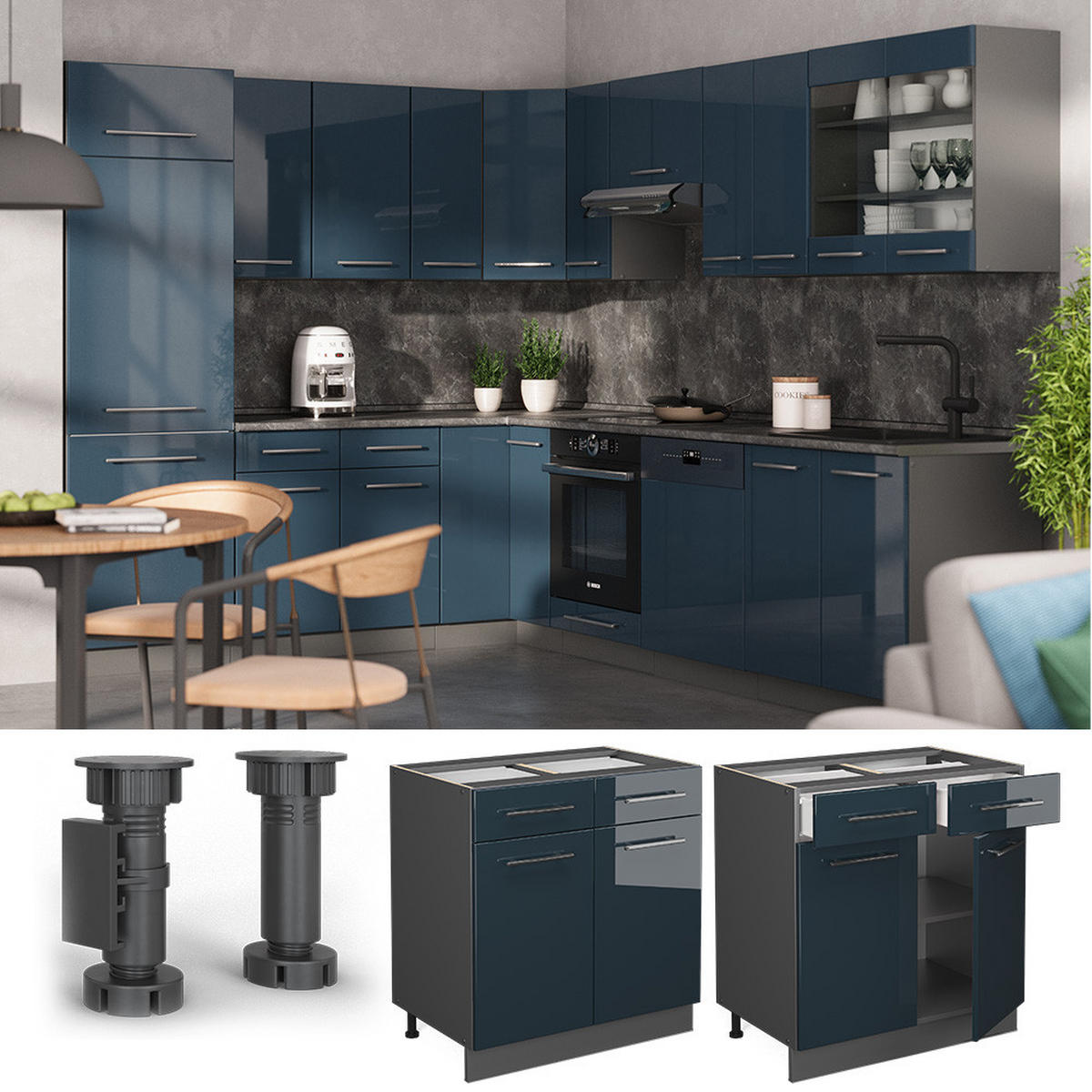 KÜCHENUNTERSCHRANK Fame-Line Dunkelblau Hochglanz 80 cm, AP Marmor - Anthrazit/Dunkelblau, Holzwerkstoff (80/82/60cm) - Vicco