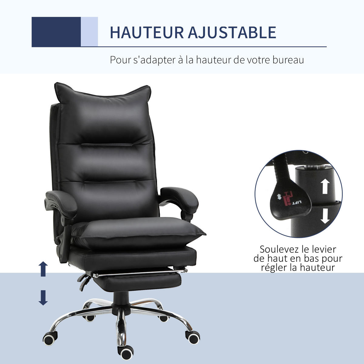 CHEFSESSEL DE-11644 ergonomisch mit verstellbarer Rückenlehne & Fußstütze Schwarz - Schwarz, Metall (72/130/66cm) - ComfortXL