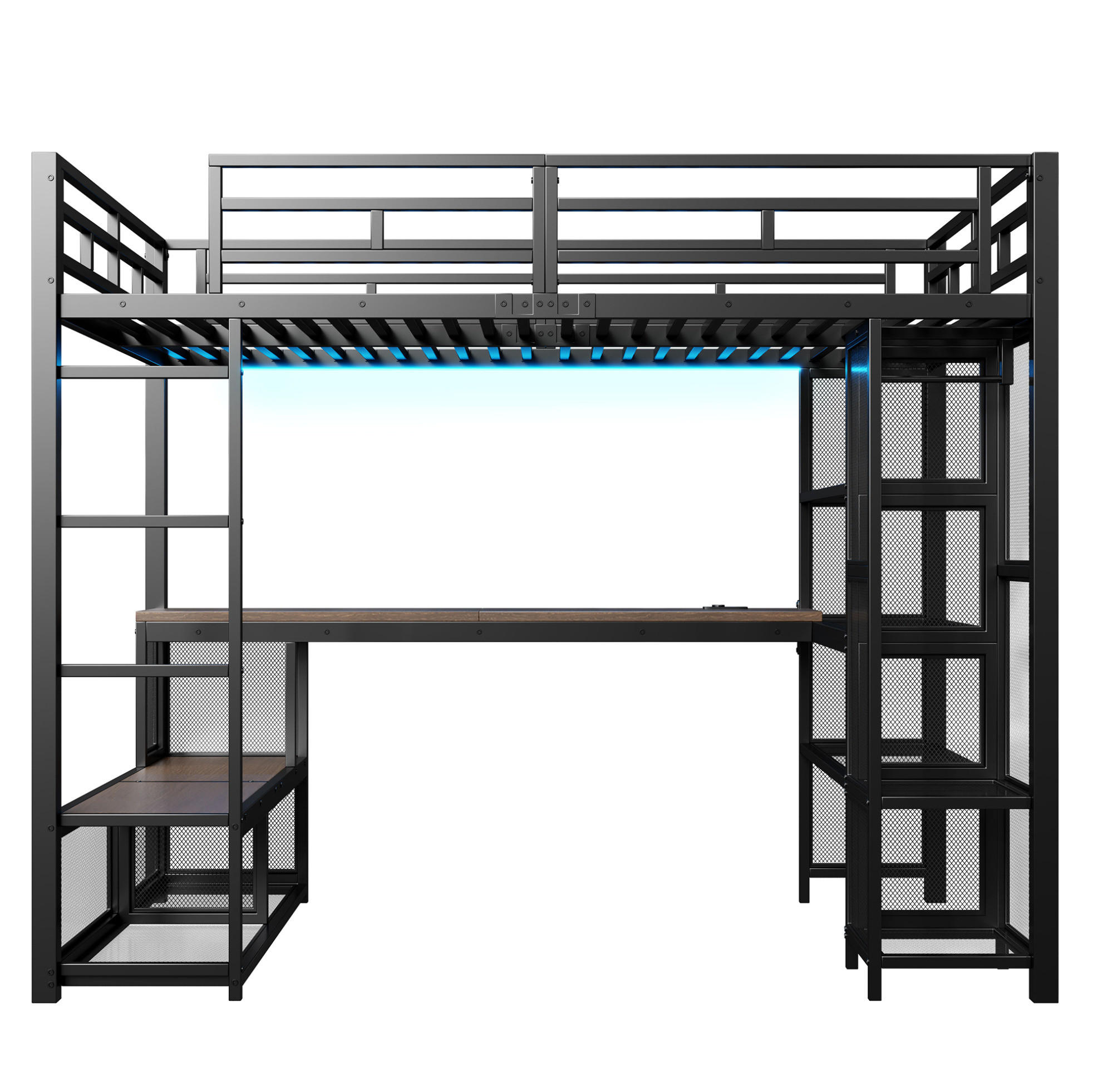 HOCHBETT 140/200 cm aus Metall und MDF mit Schreibtisch Kleiderschrank USB und LED Schwarz - Schwarz, Holzwerkstoff (140/200cm) - Modenvie