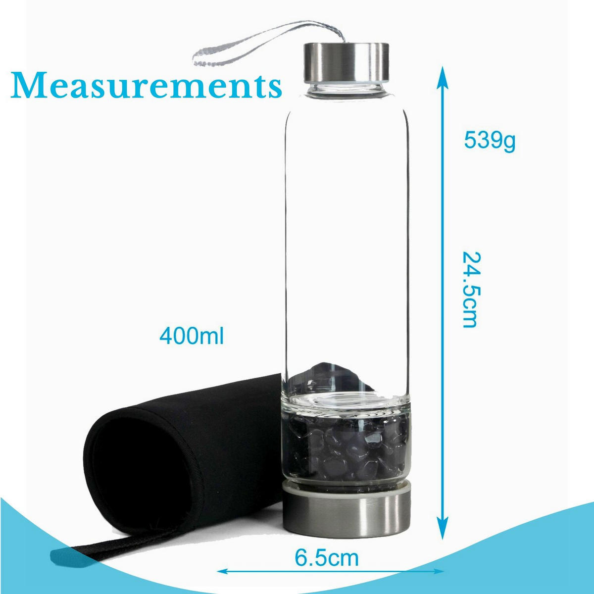 WASSERFLASCHE mit Heilsteinen und Tasche 400ml - Schwarz, Glas (0.4L) - Intirilife