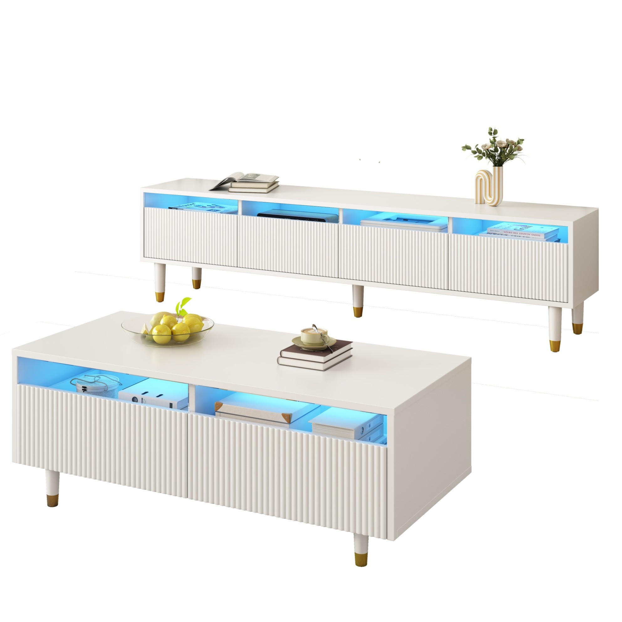 LOWBOARD 178/35/45 cm und 110/50/40 cm Weiß aus MDF mit LED-Beleuchtung - Weiß, Holzwerkstoff (35/45/178cm) - OKMYHOME
