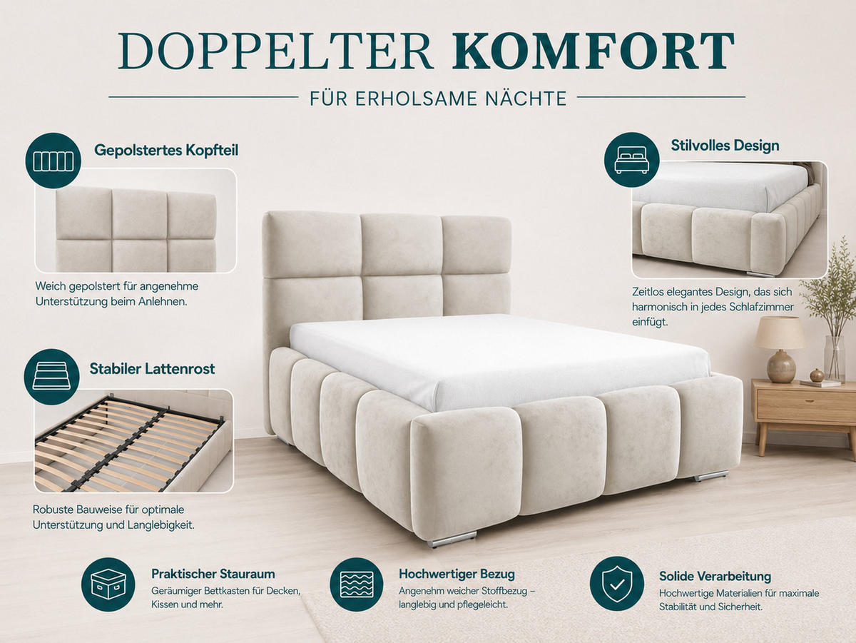POLSTERBETT TRIO, 200x200 cm, Doppelbett mit Bettkasten, Velourstoff, Frabe: Grau - Grau, Holz/Kunststoff (200/200cm)