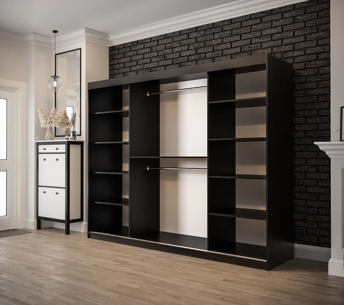SCHWEBETÜRENSCHRANK 200/250/62 3-türig - Eichefarben/Schwarz, Holz/Kunststoff (250/200/62cm) - MÖBEL KRYSPOL