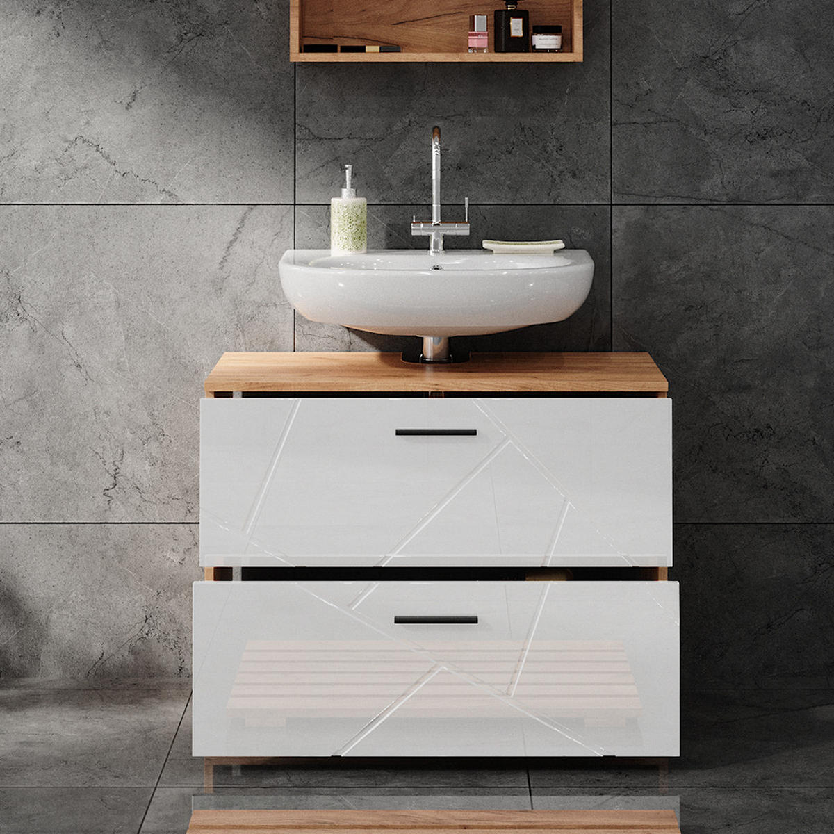 WASCHBECKENUNTERSCHRANK Irma Weiß Hochglanz/Goldkraft Eiche 80 x 58.6 cm - Weiß Hochglanz/Eiche Wotan, Holzwerkstoff (80/58.6/41cm) - Vicco