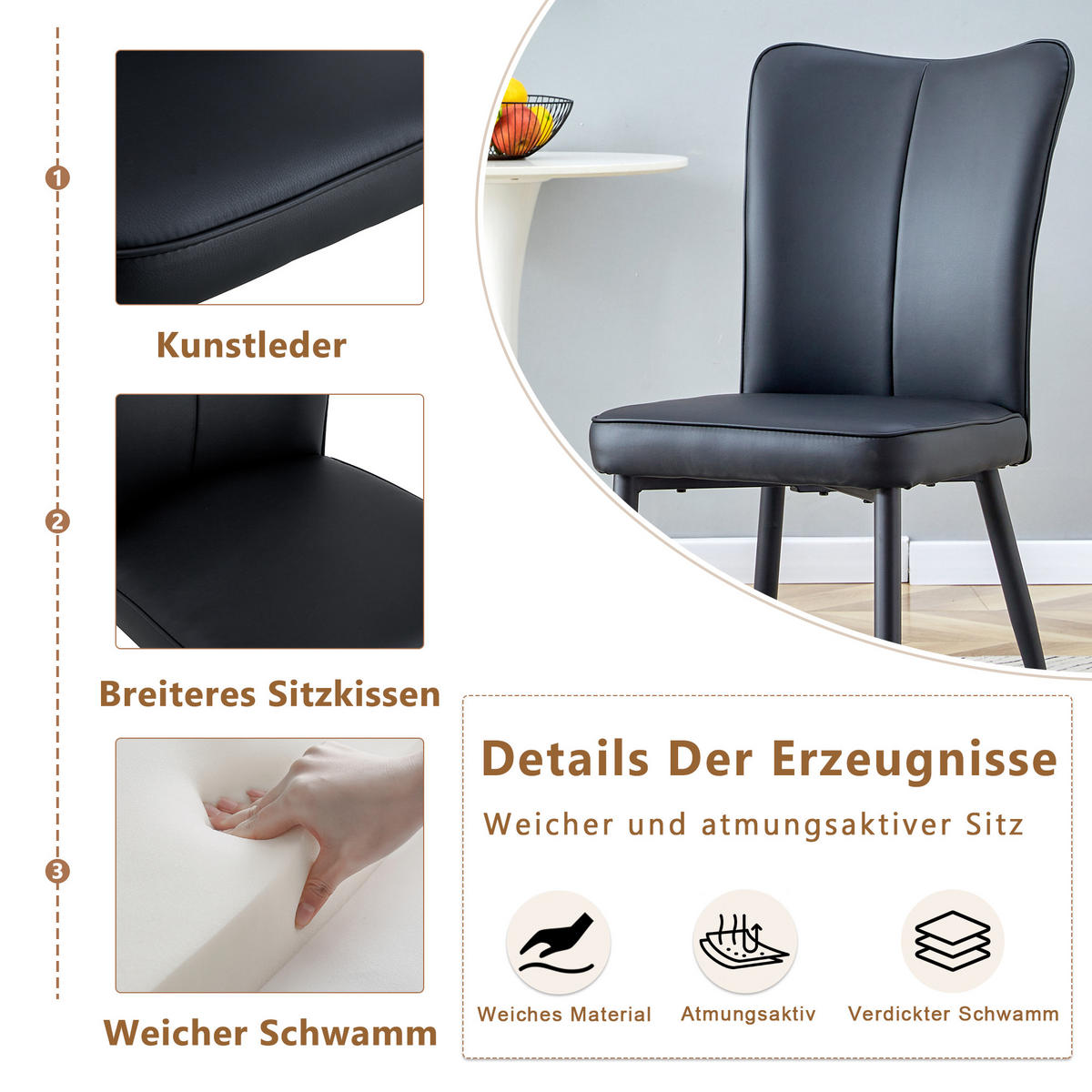 STUHL-SET DE-36516 2 Stück mit PU-Bezug und Metallbeinen Schwarz - Schwarz, Metall (44/89/45cm) - ComfortXL