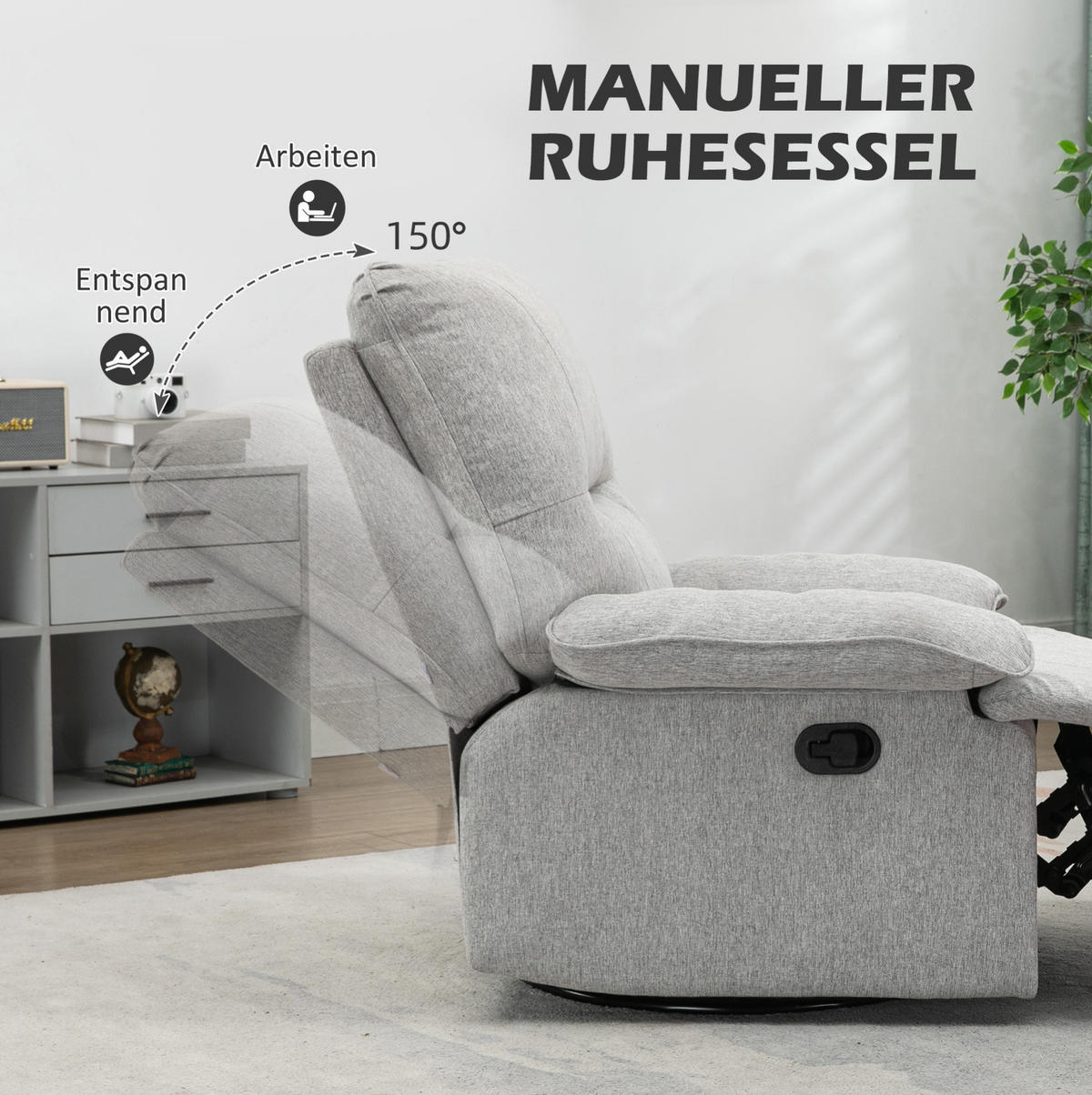 RELAXSESSEL 89/98/101 cm manuell verstellbar mit Fußteil - Hellgrau, Textil (98/101/89cm) - BEAOK