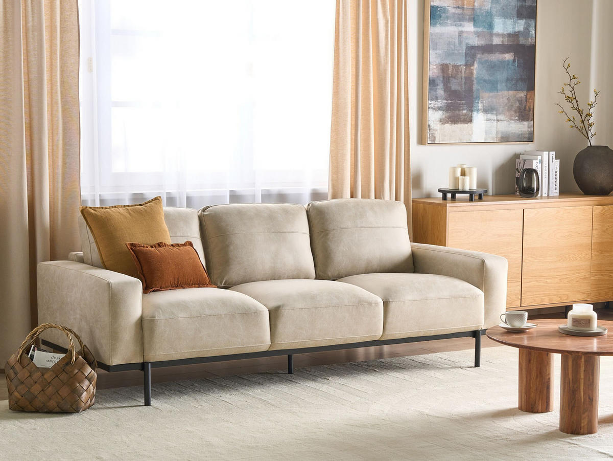 3-SITZER-SOFA Stoff cremefarben Lederoptik Sovik - Beige, Textil (215/72/87cm) - Beliani